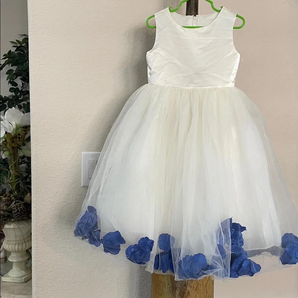 💙 Satin Tulle Easter/Special occasion dress w blue flowers Flowy Cuteness SZ 4